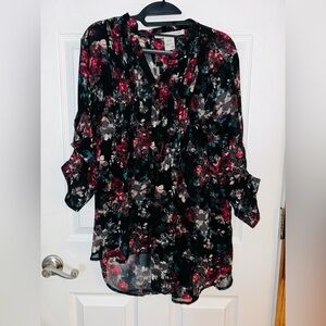 American Rag Boho Floral Peasant Top Semi Sheer Roll Sleeves Size Medium